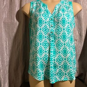 hanna & gracie Top Sleeveless Blouse L Cream Blue Green  Pullover Light Weight